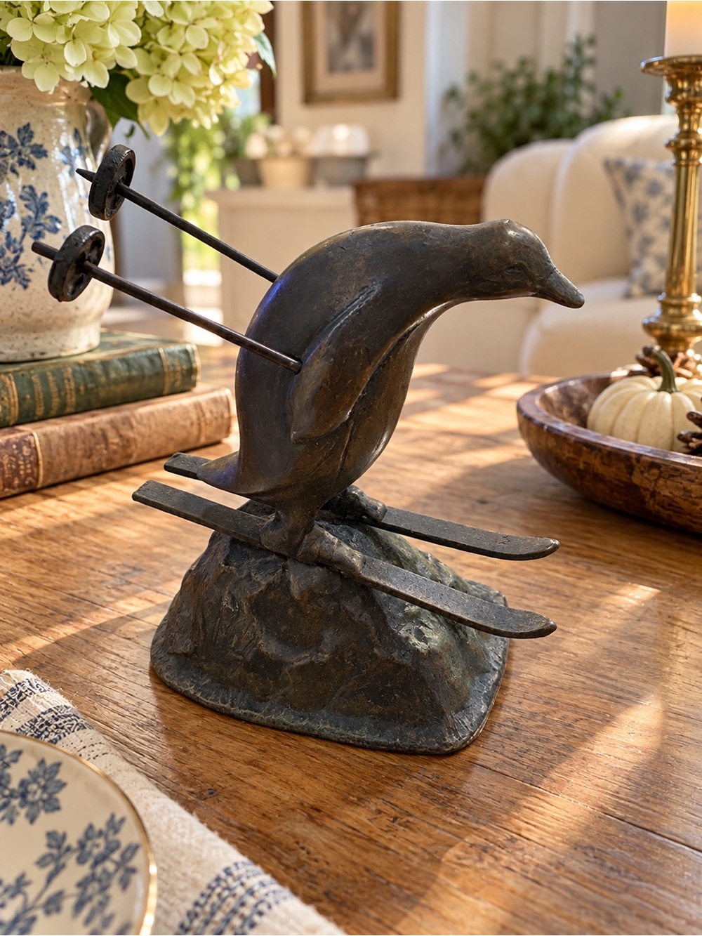 Bronze Penguin Ski Sculpture - Decorative Home Accent